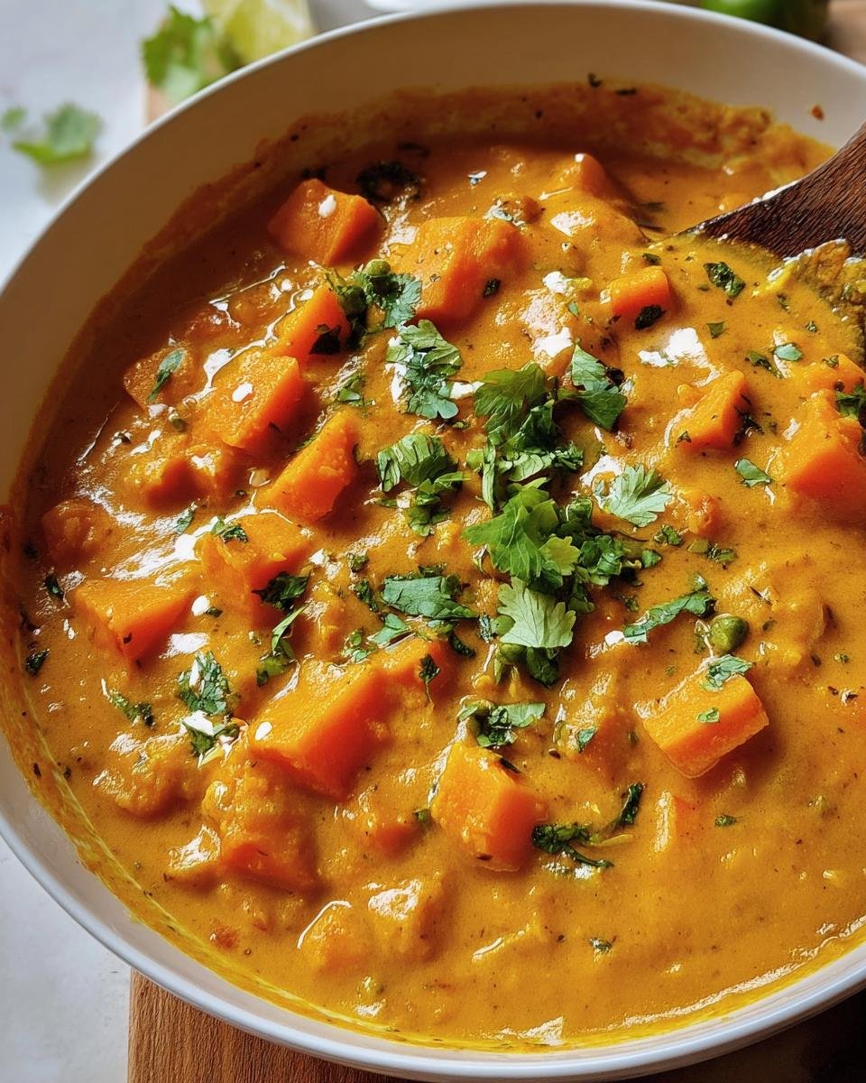 A bowl of creamy Indian Pumpkin Curry, garnished with fresh cilantro, showcasing the vibrant orange pumpkin cubes.