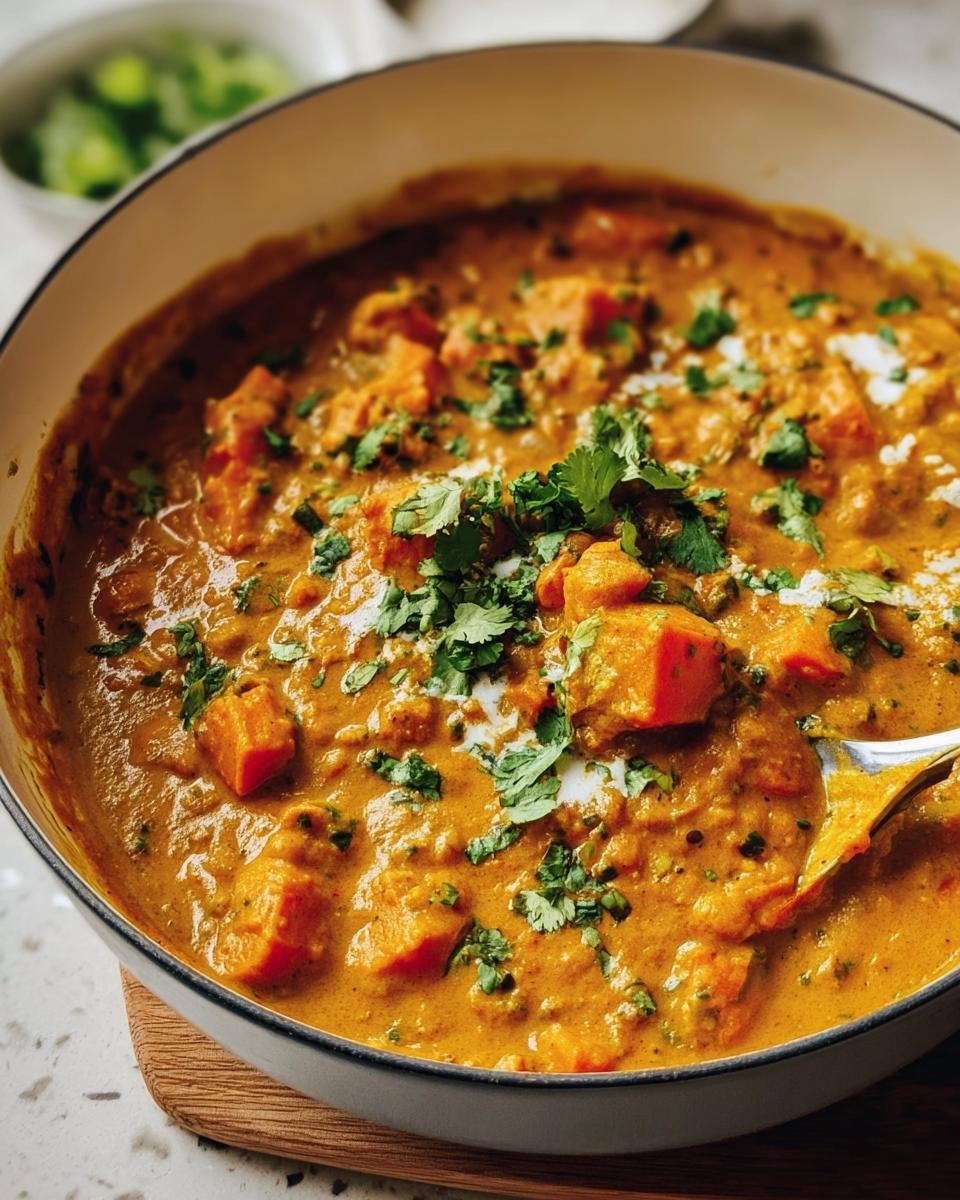 Close-up of a pot of Indian Pumpkin Curry, garnished with cilantro and a swirl of cream.