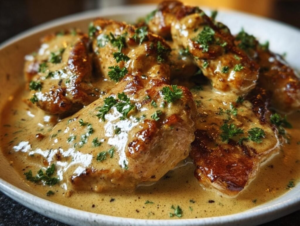 Plated Irish Chicken Whiskey Cream, featuring golden-brown chicken in a creamy sauce, garnished with fresh parsley.