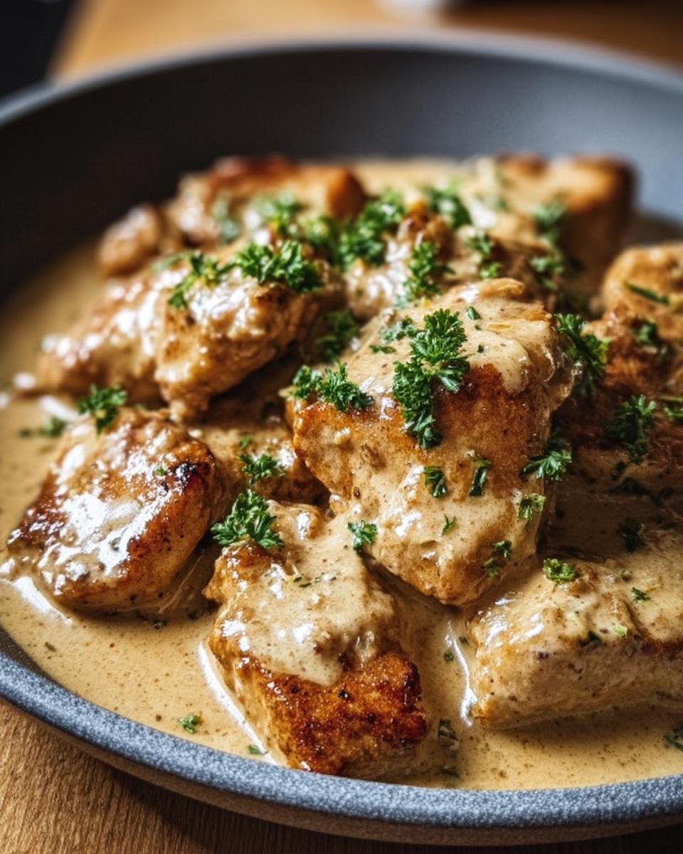 Close-up of Irish Chicken Whiskey Cream, featuring chicken pieces in a creamy sauce, garnished with parsley.