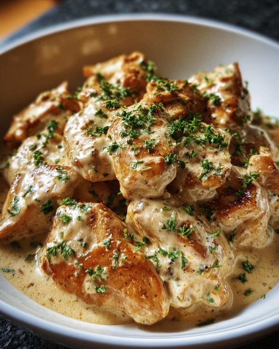 Bowl of Irish Chicken Whiskey Cream, garnished with fresh herbs. Creamy and savory dish.
