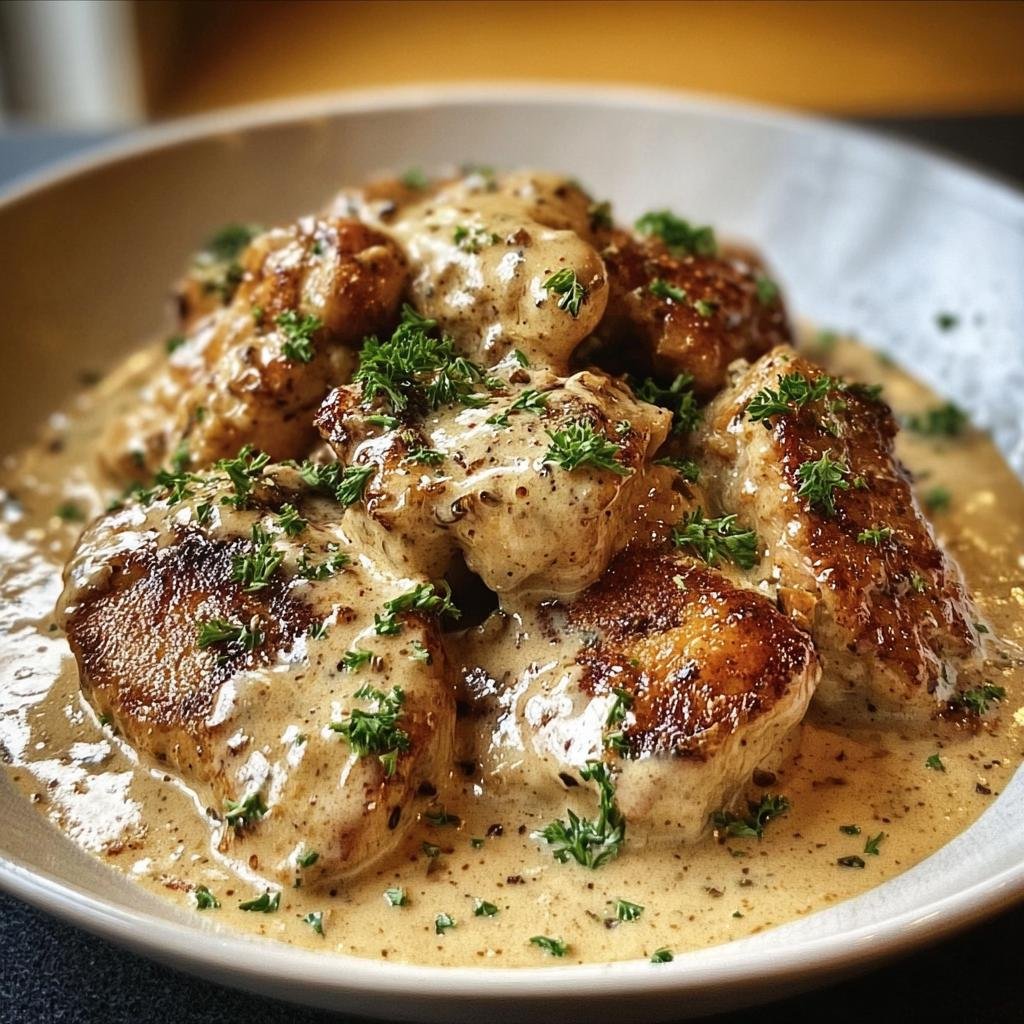 Close-up of Irish Chicken Whiskey Cream, featuring chicken pieces in a creamy sauce and garnished with parsley.