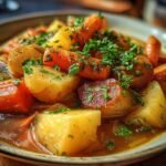 Close-up of a bowl of Irish Vegetarian Stew with potatoes, carrots, and fresh parsley.