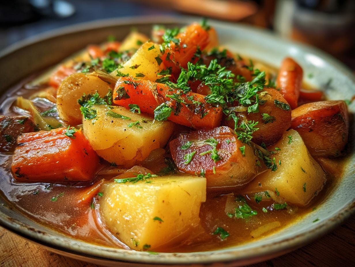Close-up of a bowl of Irish Vegetarian Stew with potatoes, carrots, and fresh parsley.