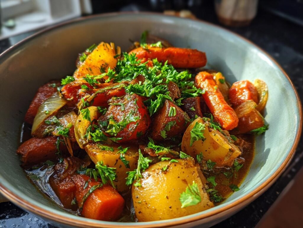 Close-up of a bowl of Irish Vegetarian Stew with potatoes, carrots, onions, and fresh parsley.