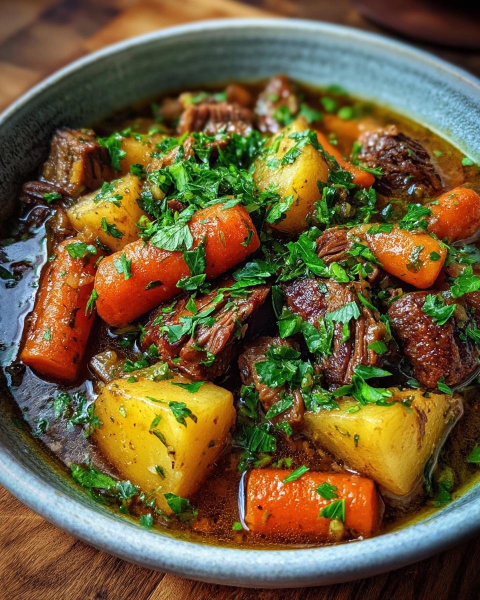 Close-up of a bowl of Irish Vegetarian Stew with potatoes, carrots, and herbs.