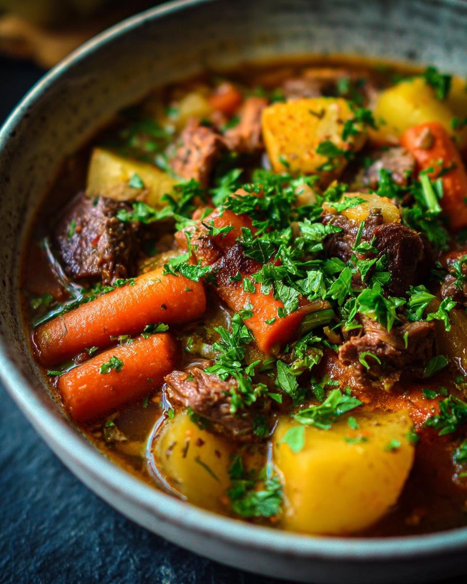 Close-up of a bowl of Irish Vegetarian Stew with carrots, potatoes, and fresh parsley.