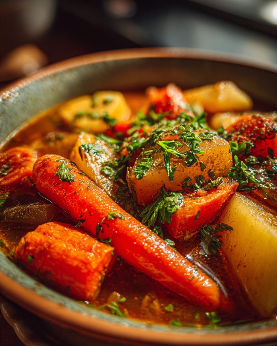 Close-up of a bowl of Irish Vegetarian Stew with carrots, potatoes, and fresh herbs.