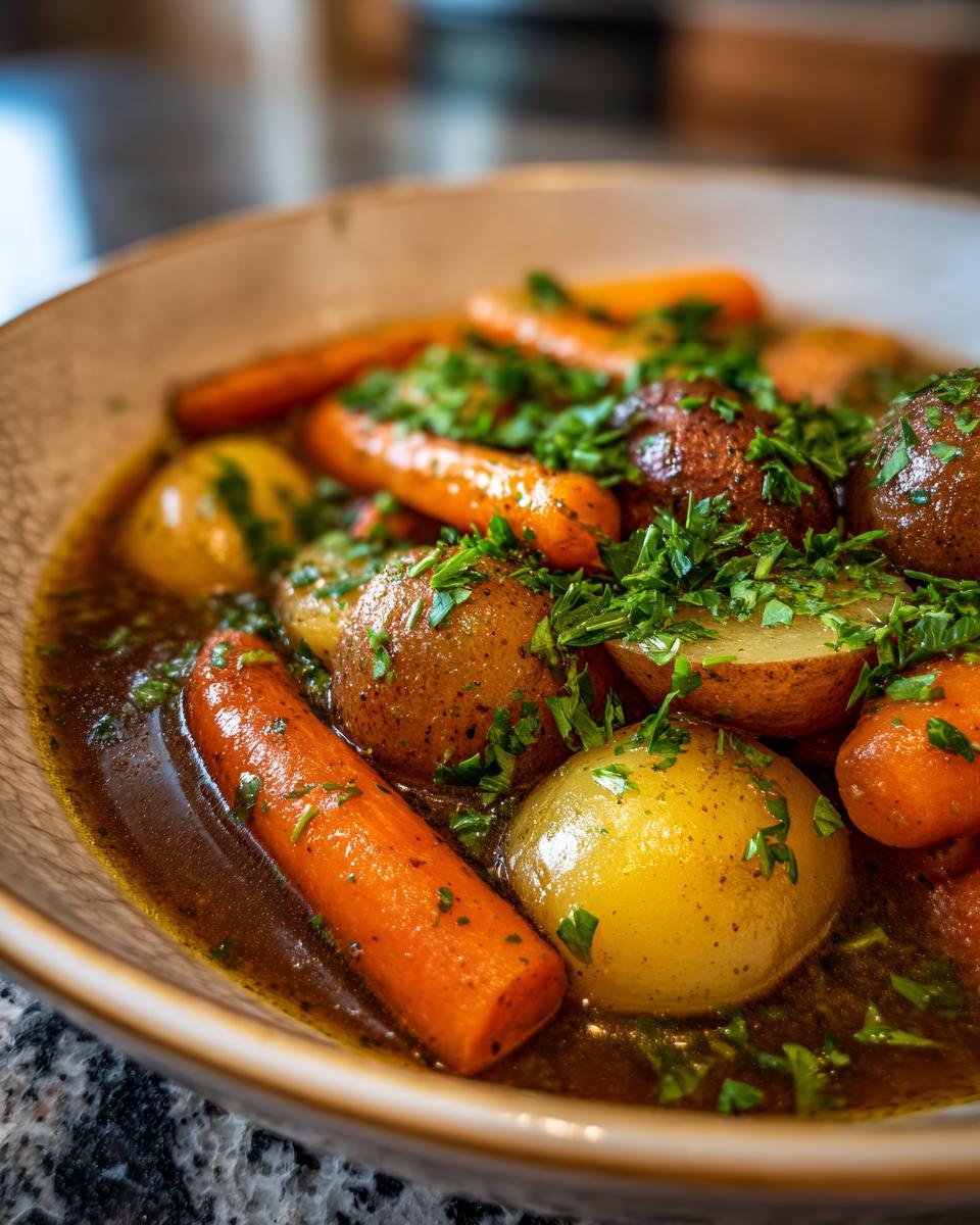 Close-up of Irish Vegetarian Stew featuring potatoes, carrots, and herbs in a rich broth.