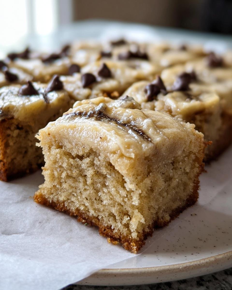 Close-up of Irresistible Banana Bars topped with frosting and chocolate chips on a white plate.
