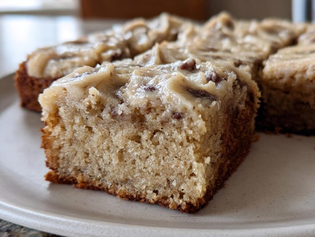 A close-up of a sliced Irresistible Banana Bars, topped with a creamy frosting and chopped nuts on a white plate.