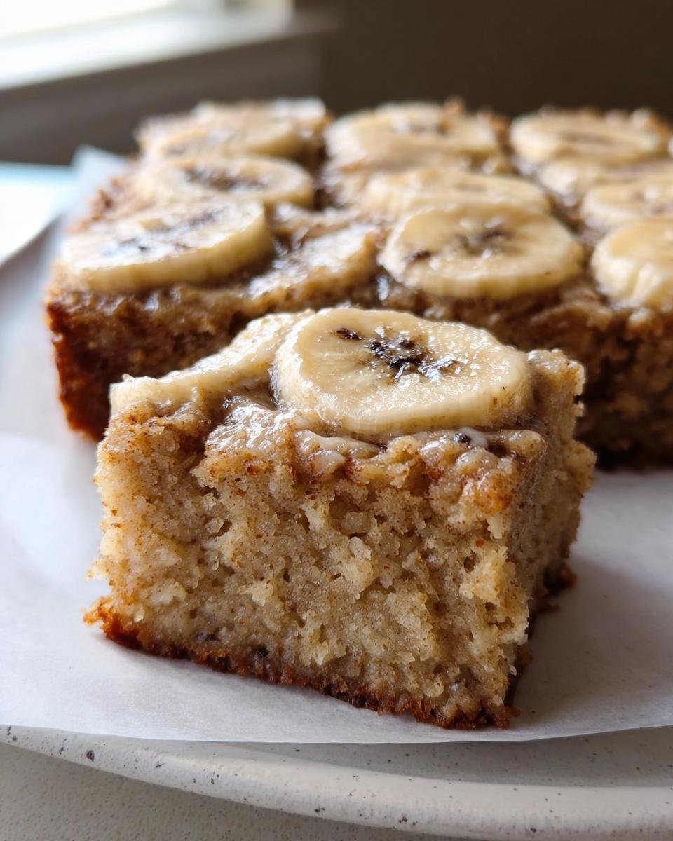 A close-up of a slice of Irresistible Banana Bars topped with banana slices, showcasing its moist texture.