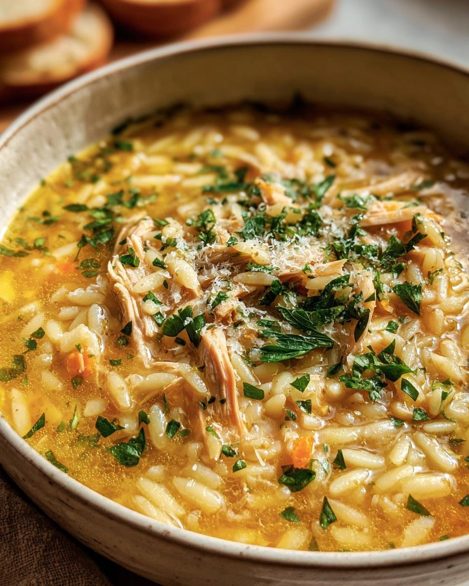 Close-up of a bowl of Italian Penicillin Soup featuring orzo pasta, chicken, vegetables, and fresh parsley.