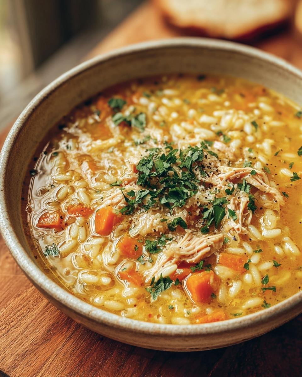 Close-up of a bowl of Italian Penicillin Soup, featuring chicken, rice, carrots, and fresh herbs.
