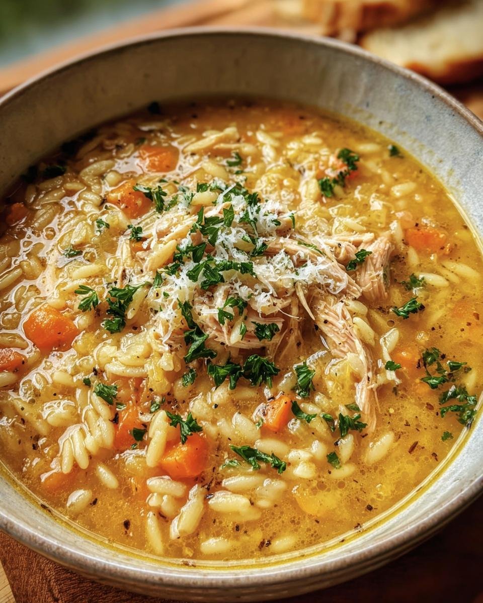 Close-up of a bowl of Italian Penicillin Soup, featuring orzo pasta, chicken, carrots, and garnished with parsley and parmesan.
