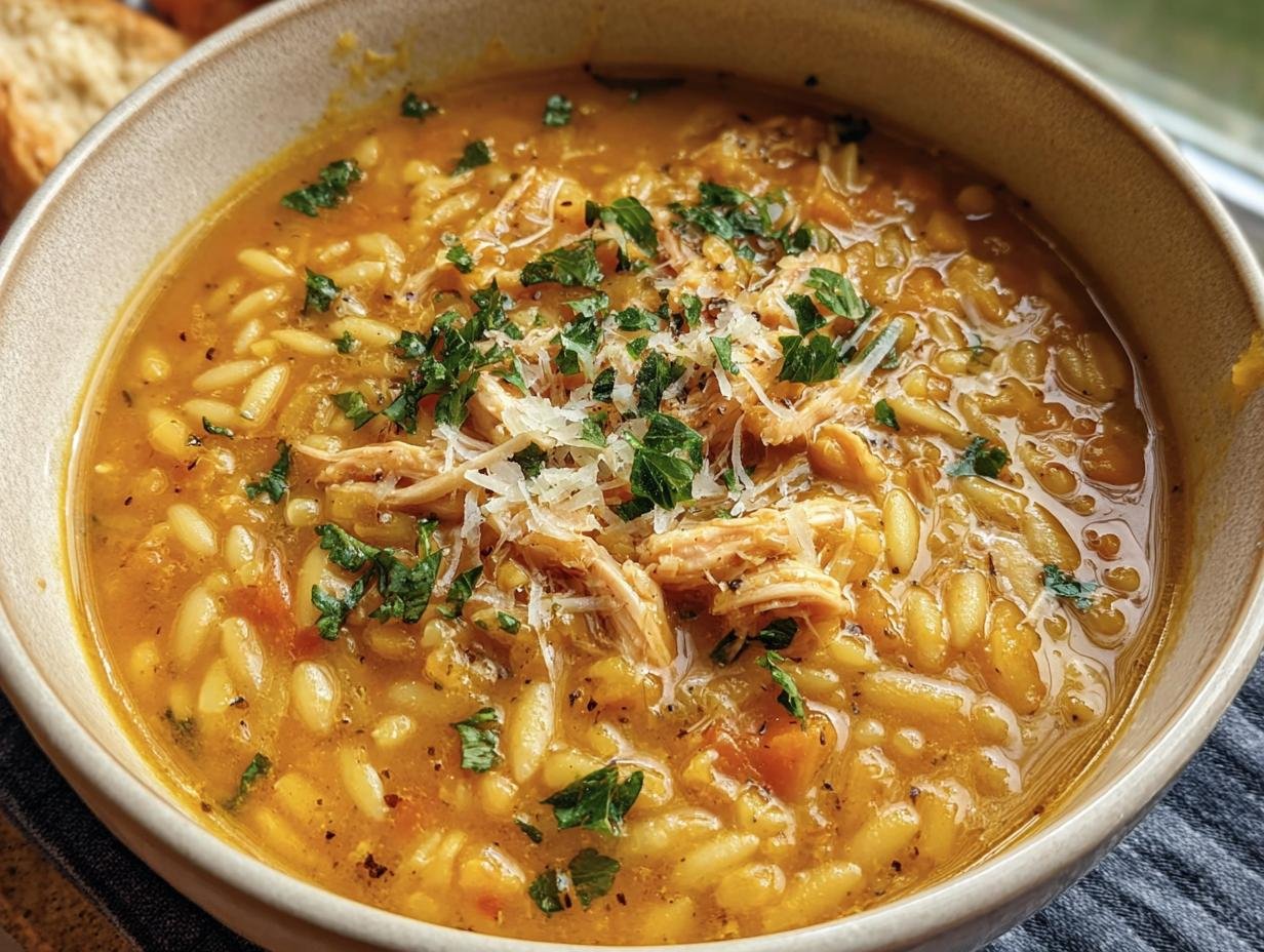 A comforting bowl of Italian Penicillin Soup, featuring orzo pasta, chicken, and fresh herbs.