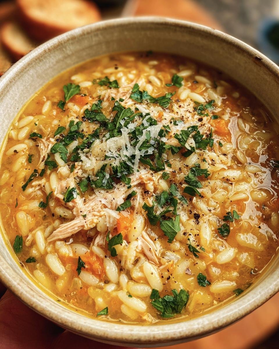 Close-up of a bowl of Italian Penicillin Soup featuring orzo pasta, chicken, carrots, and herbs.