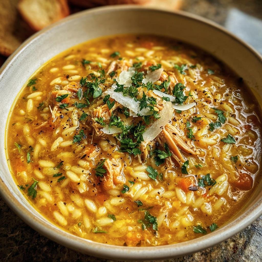 A comforting bowl of Italian Penicillin Soup, featuring orzo pasta, chicken, herbs, and parmesan.