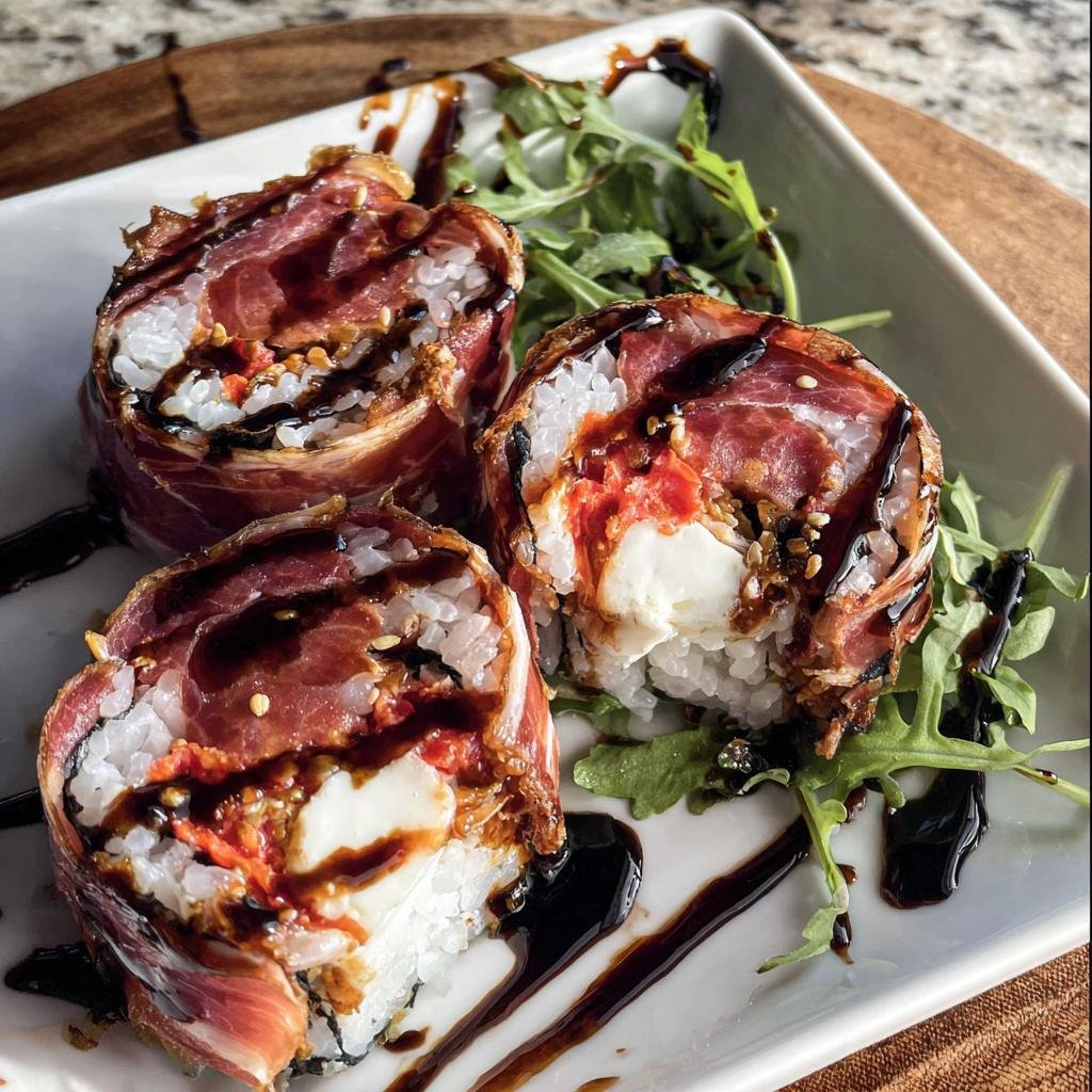 Three pieces of Italian Sushi on a plate, wrapped in prosciutto, drizzled with balsamic glaze, and garnished with arugula.