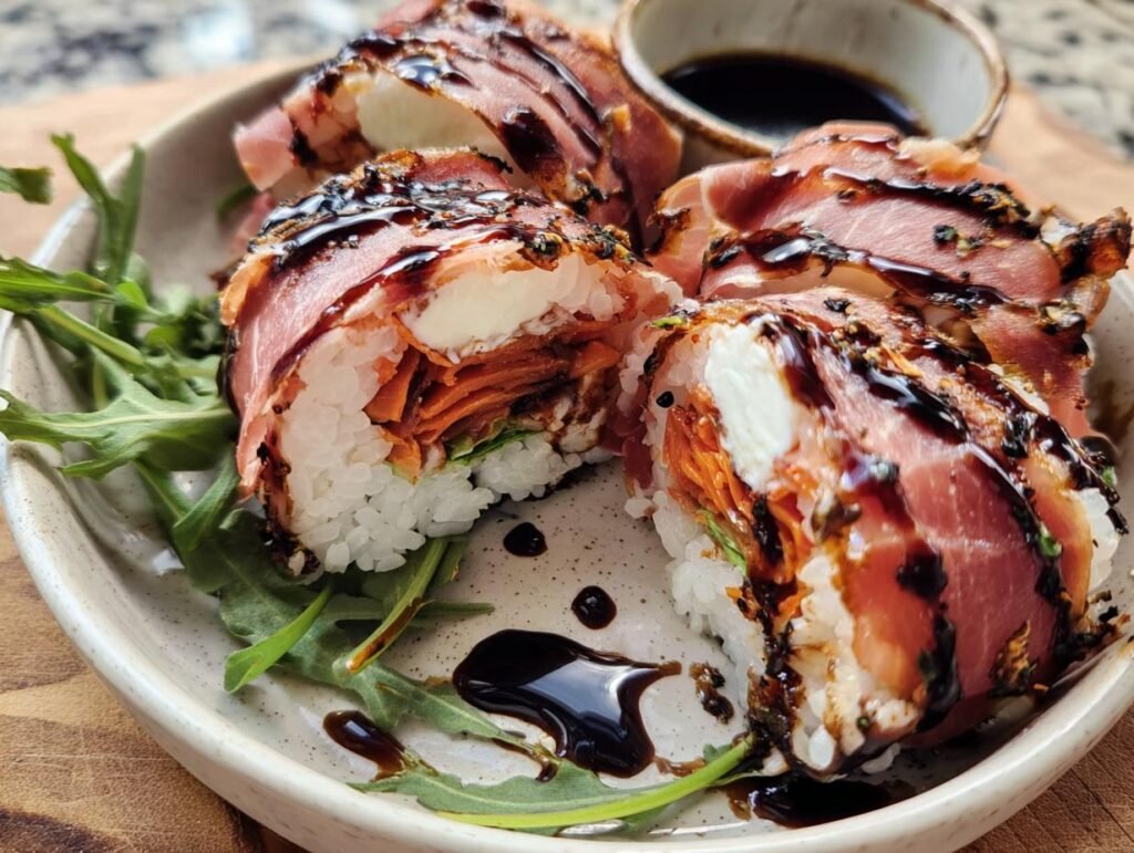 Close-up of Italian Sushi rolls with prosciutto, rice, mozzarella, carrots and balsamic glaze.