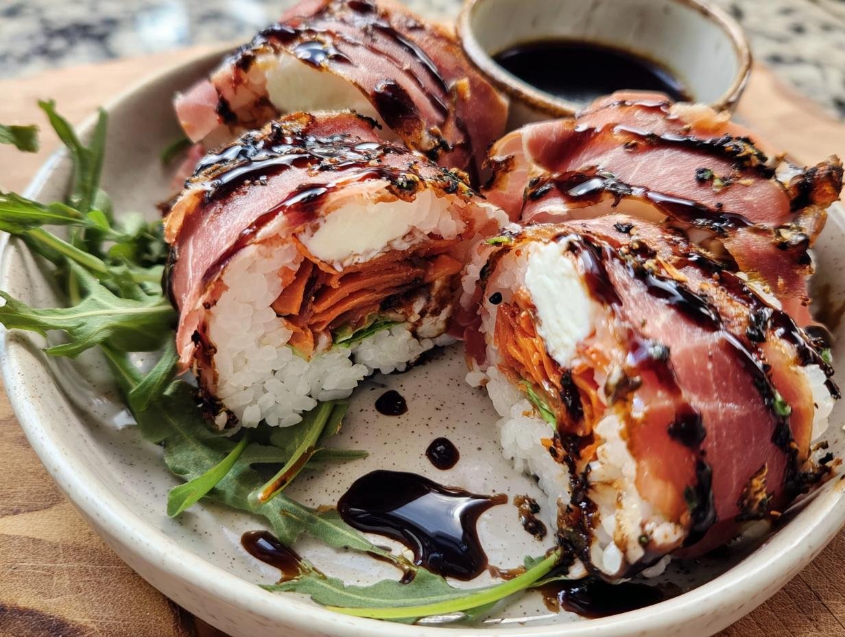 Close-up of Italian Sushi rolls with prosciutto, rice, mozzarella, carrots and balsamic glaze.
