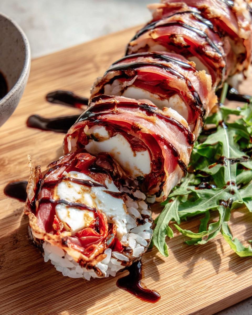 Close-up of Italian Sushi roll featuring rice, mozzarella, prosciutto, and balsamic glaze.