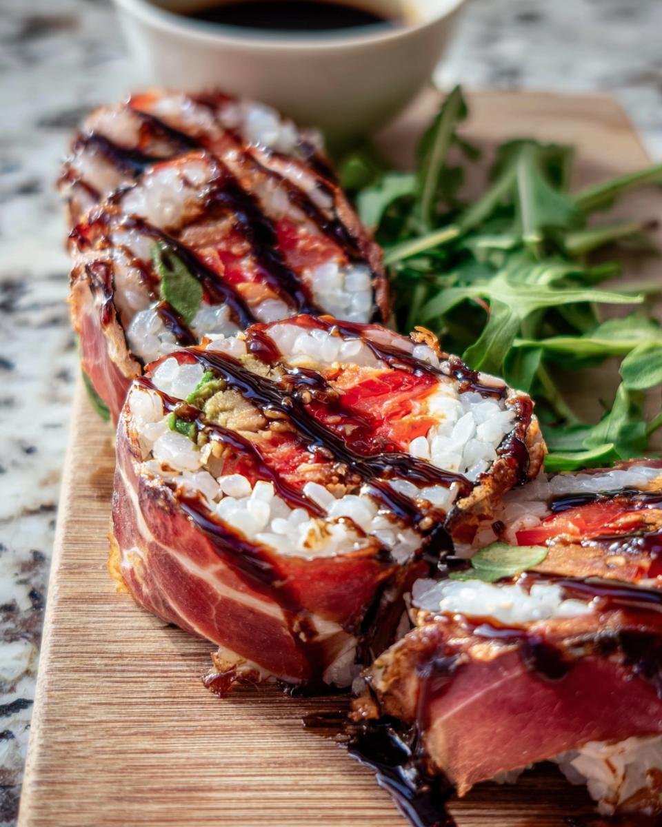 Close-up of Italian Sushi rolls wrapped in prosciutto, drizzled with balsamic glaze, and served with arugula.