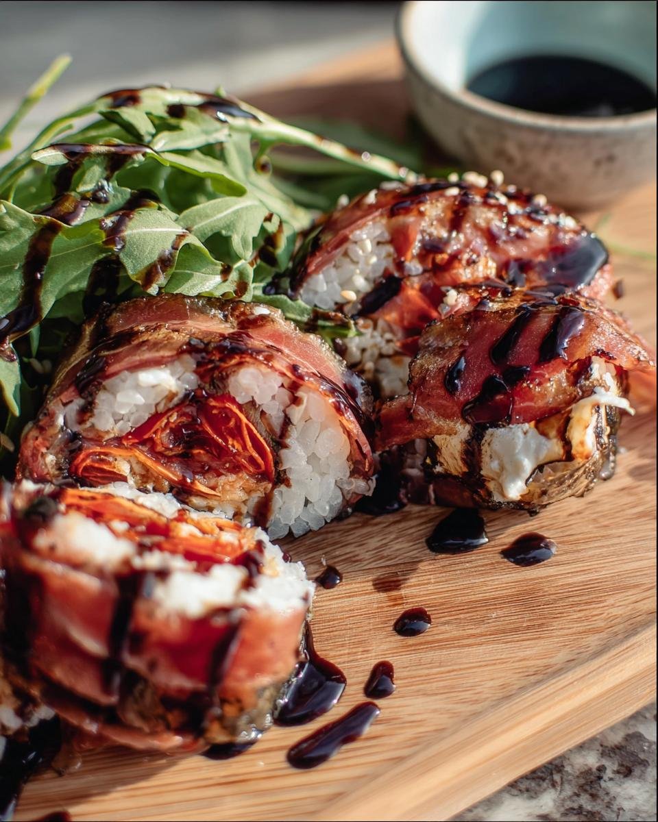 Close-up of Italian Sushi rolls with prosciutto, rice, and balsamic glaze, served with arugula.