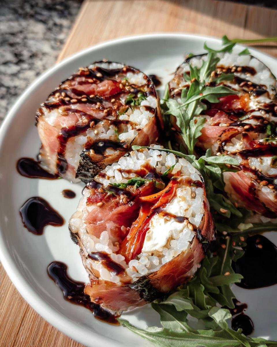 Close-up of Italian Sushi rolls with prosciutto, rice, and balsamic glaze on a white plate.