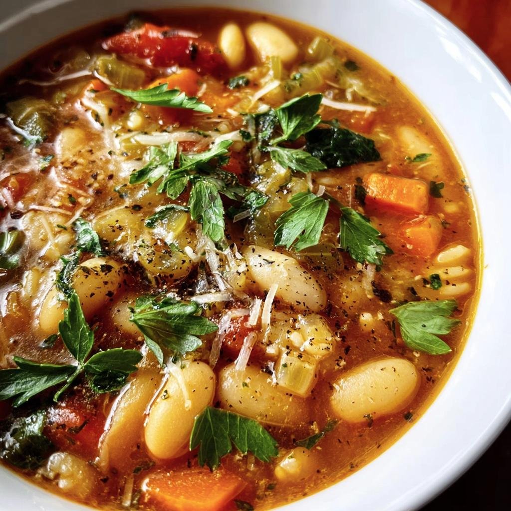 Close-up of a bowl of Italian white bean soup with vegetables and herbs.