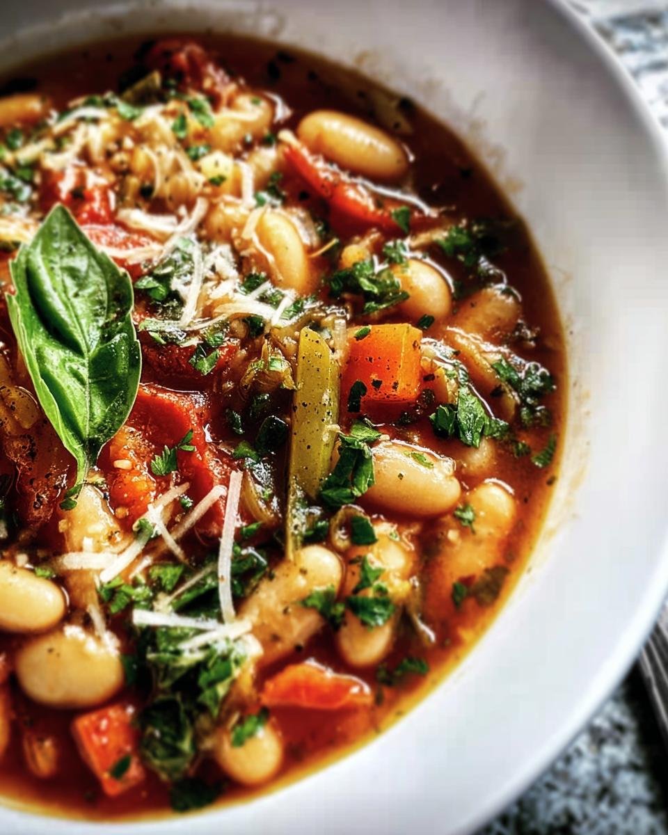Close-up of a bowl of Italian white bean soup with vegetables, herbs, and a basil leaf garnish.