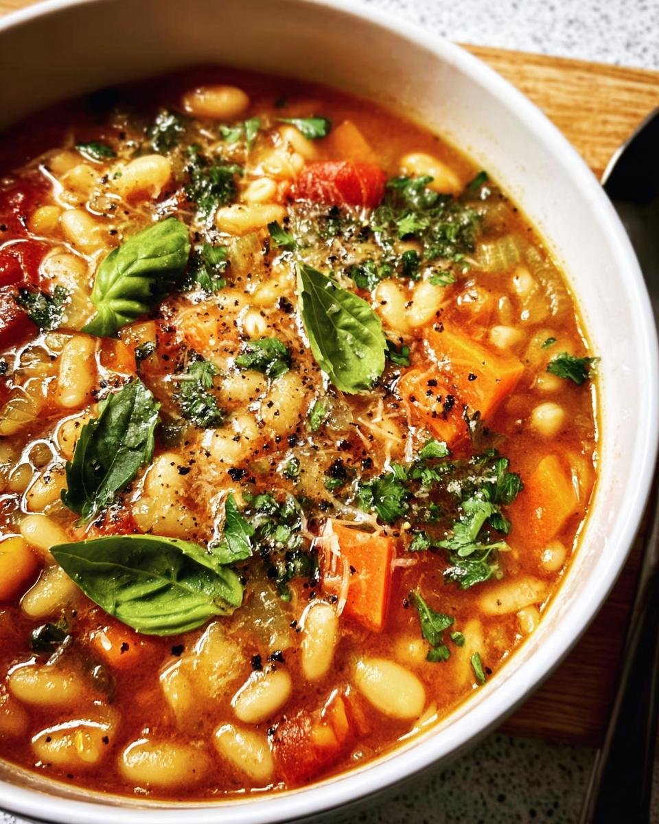 Close-up of a bowl of Italian white bean soup, garnished with fresh basil and herbs.
