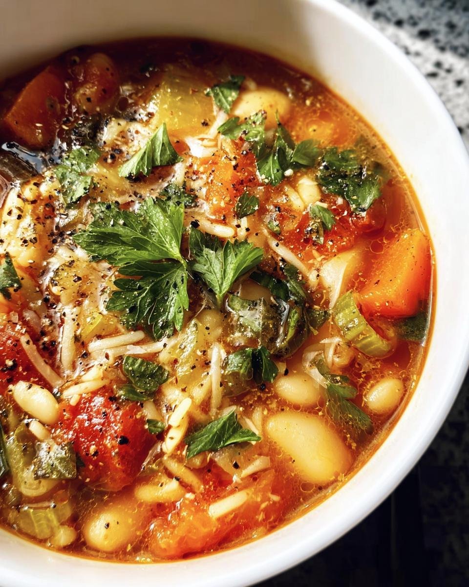 Close-up of a bowl of Italian white bean soup with vegetables, herbs, and pasta.