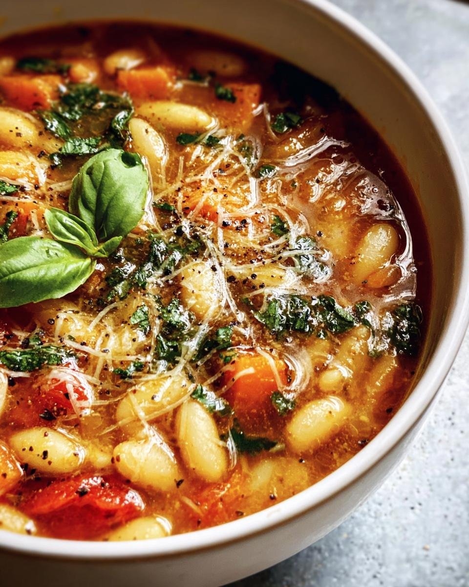 Close-up of a bowl of Italian white bean soup with basil, parmesan, and vegetables.
