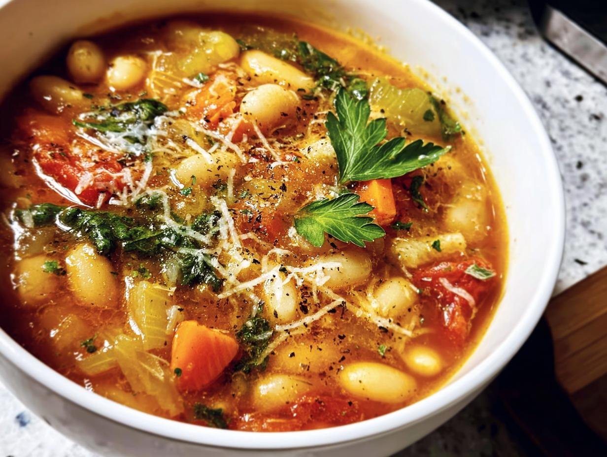 A bowl of Italian white bean soup with beans, vegetables, herbs, and a sprinkle of cheese.