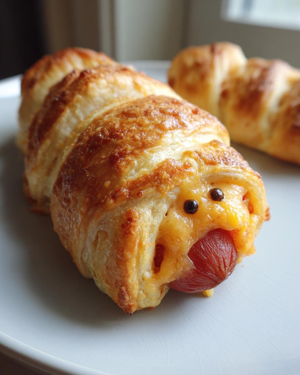 Close-up of a Jalapeño Popper Mummy Dog, featuring a hot dog wrapped in pastry with cheese and jalapeños.