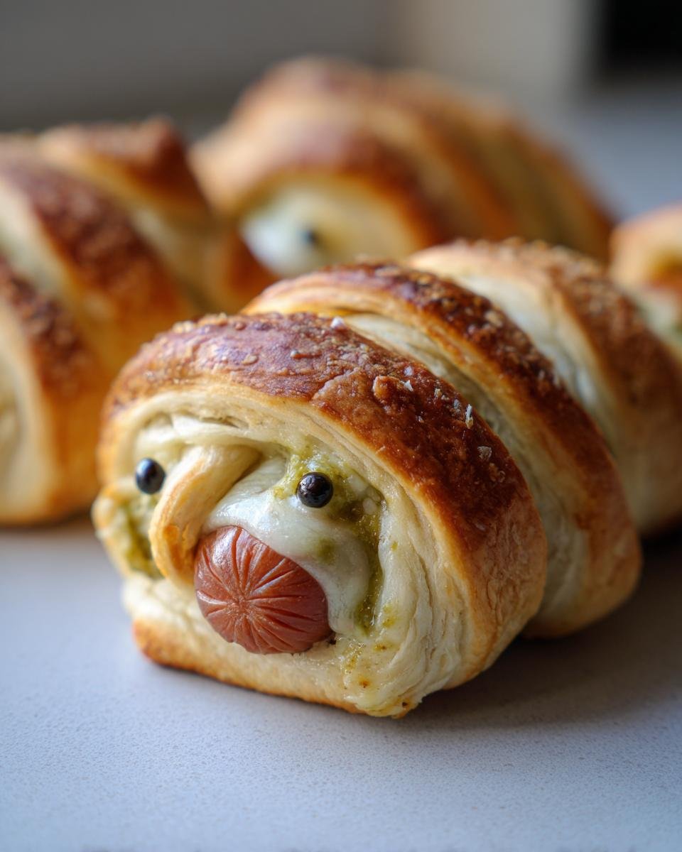 Close-up of a Spicy Jalapeño Popper Mummy Dog with a hotdog, jalapeño filling, wrapped in pastry.