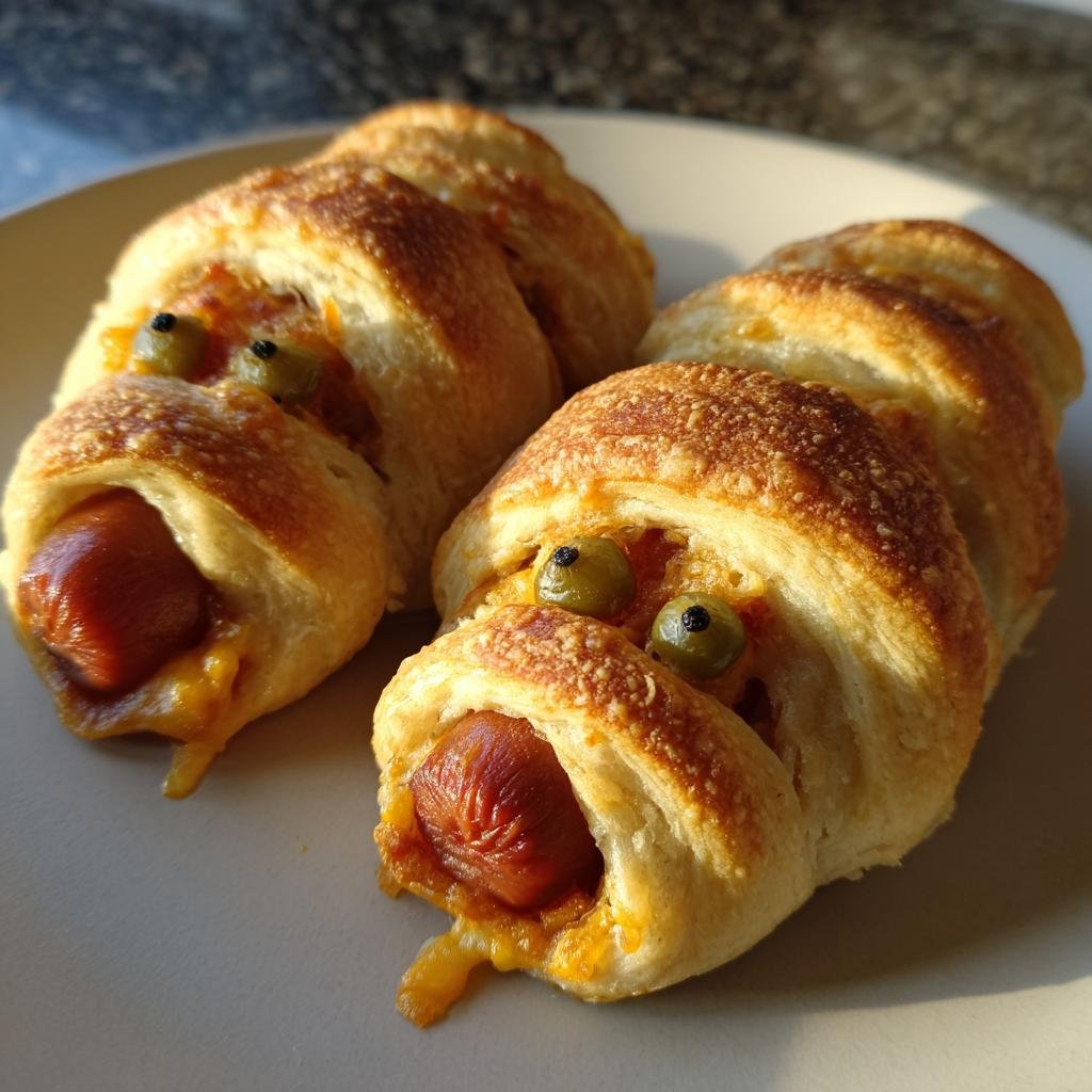 Two spicy Jalapeño Popper Mummy Dogs on a plate, styled with olive eyes and wrapped in baked dough.