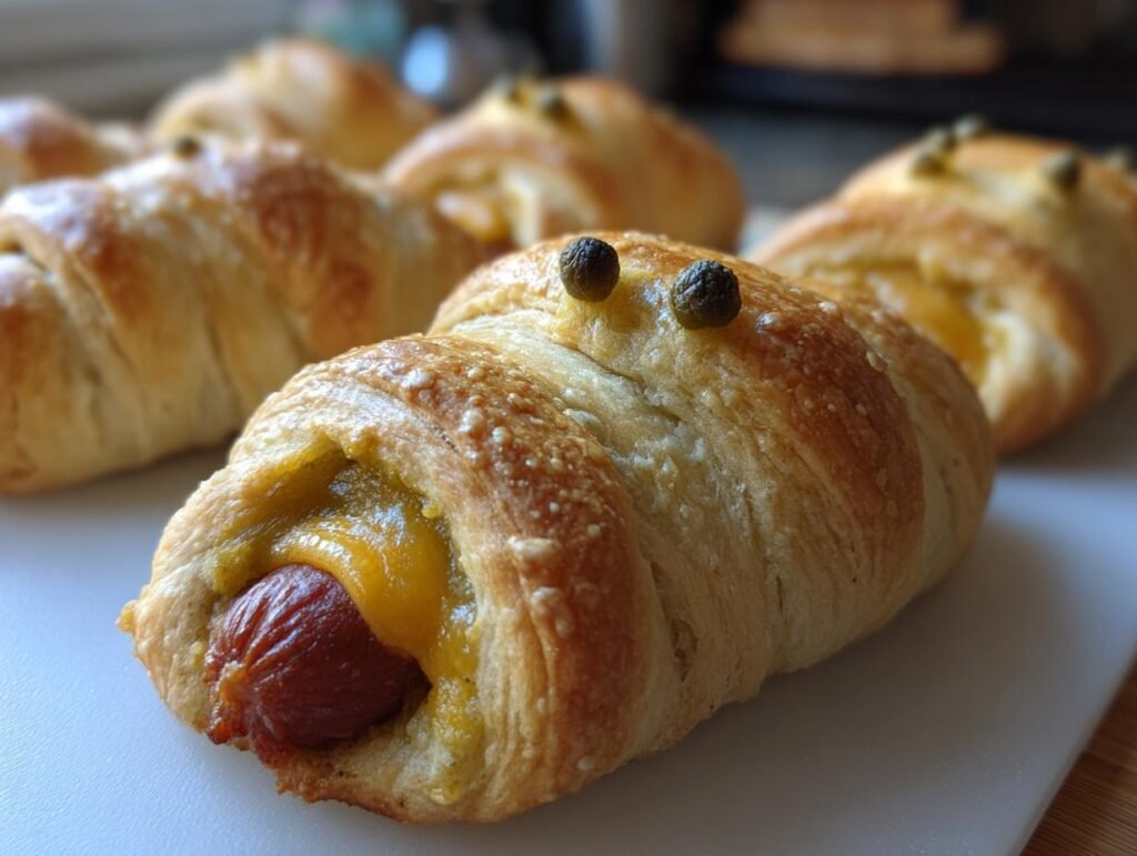 Close-up of Jalapeño Popper Mummy Dogs, featuring a hot dog wrapped in dough with cheese and jalapeños for eyes.