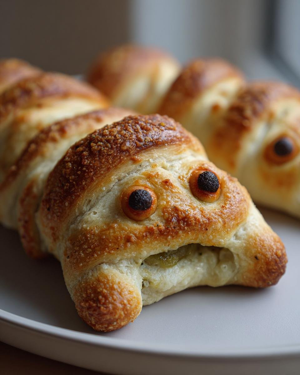 Close-up of a Spicy Jalapeño Popper Mummy Dog, showing the baked dough and filling.