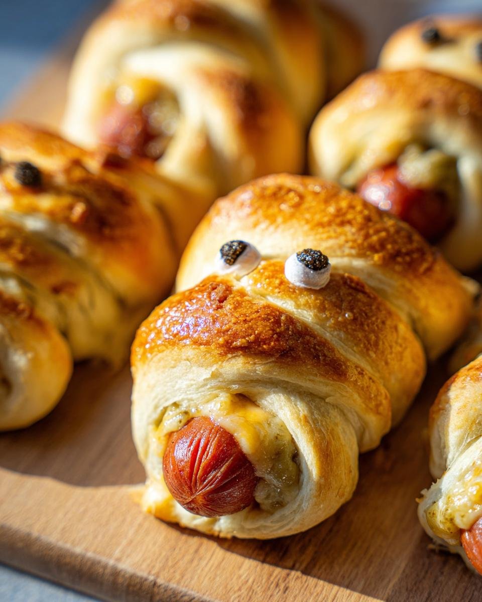 Close-up of Spicy Jalapeño Popper Mummy Dogs, baked golden brown with visible jalapeño filling and candy eyes.