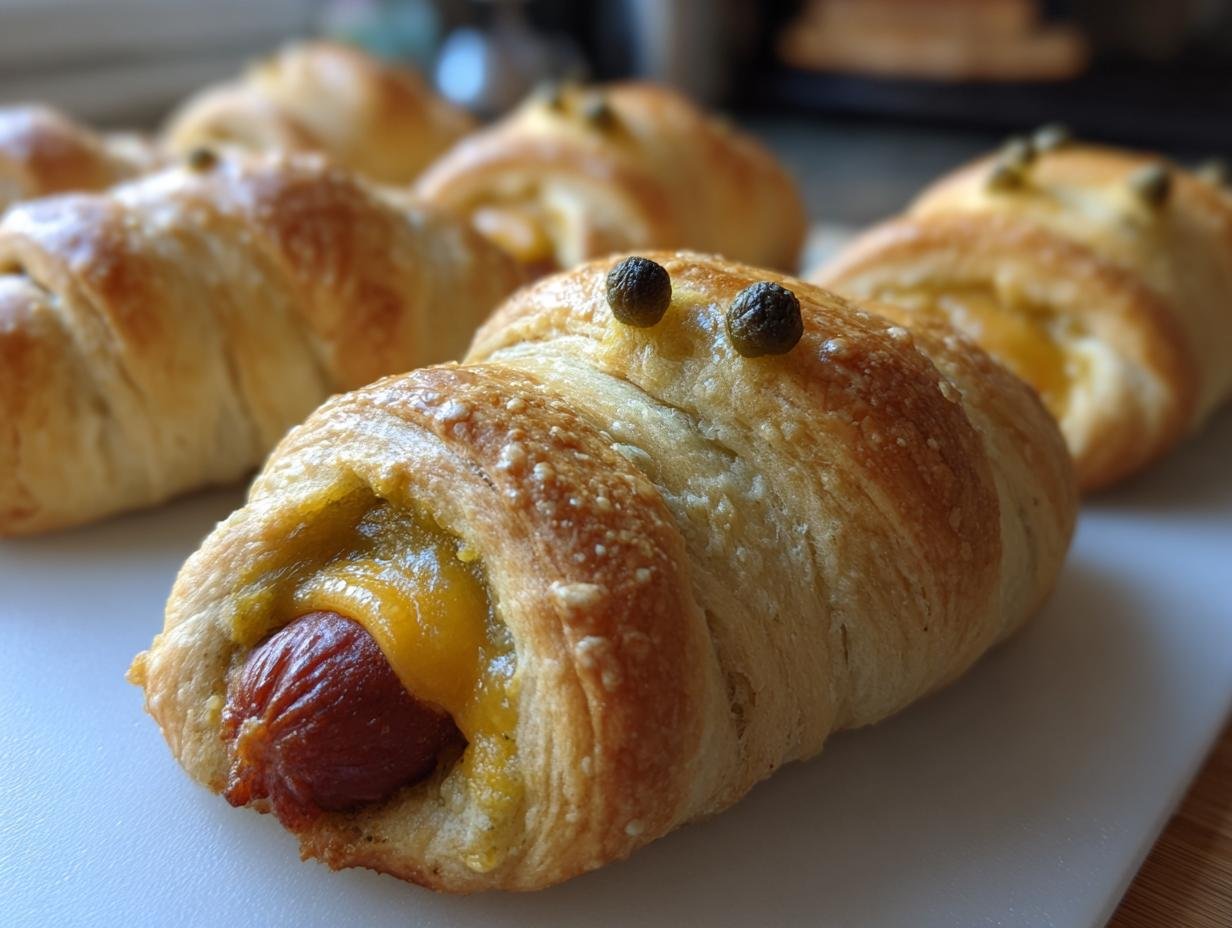 Close-up of Jalapeño Popper Mummy Dogs, featuring a hot dog wrapped in dough with cheese and jalapeños for eyes.