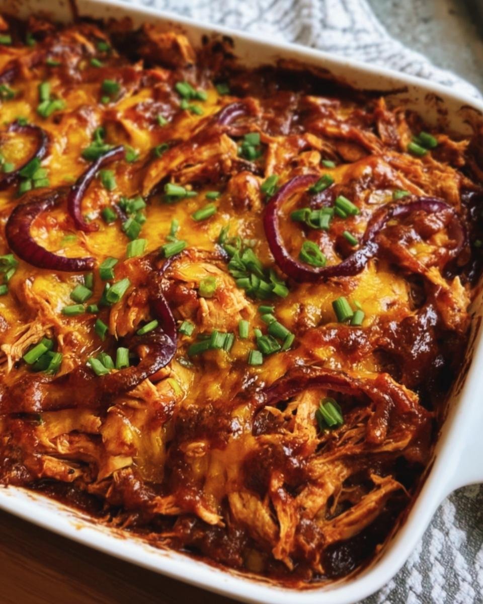 Overhead view of a Keto BBQ Chicken Casserole in a white baking dish, topped with cheese, red onions, and chives.
