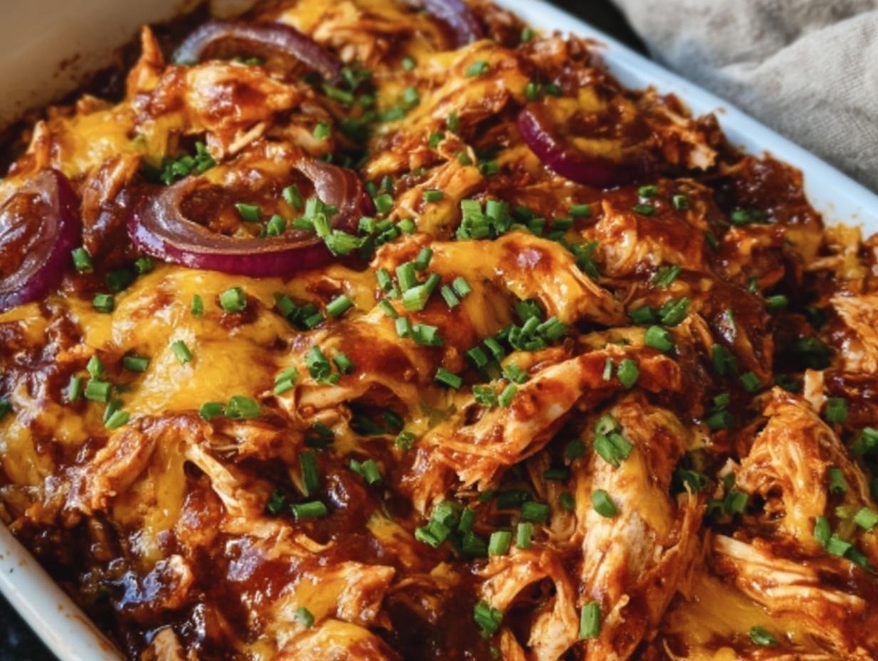 A freshly baked Keto BBQ Chicken Casserole with melted cheese, red onions, and chives.