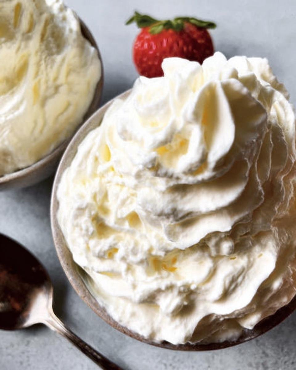 Two bowls of keto cheesecake fluff, one topped with a fresh strawberry. Spoon to the side.