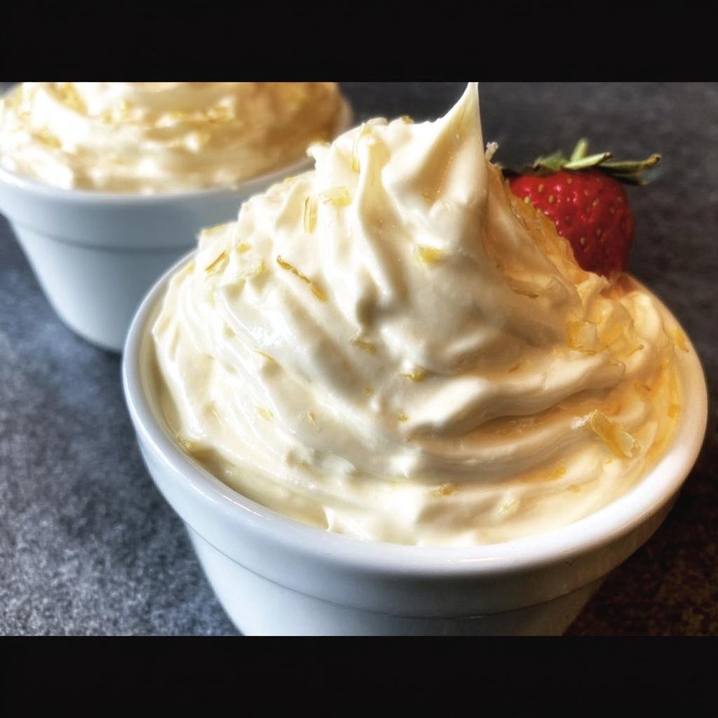 Two bowls of keto cheesecake fluff, one garnished with a strawberry and lemon zest.