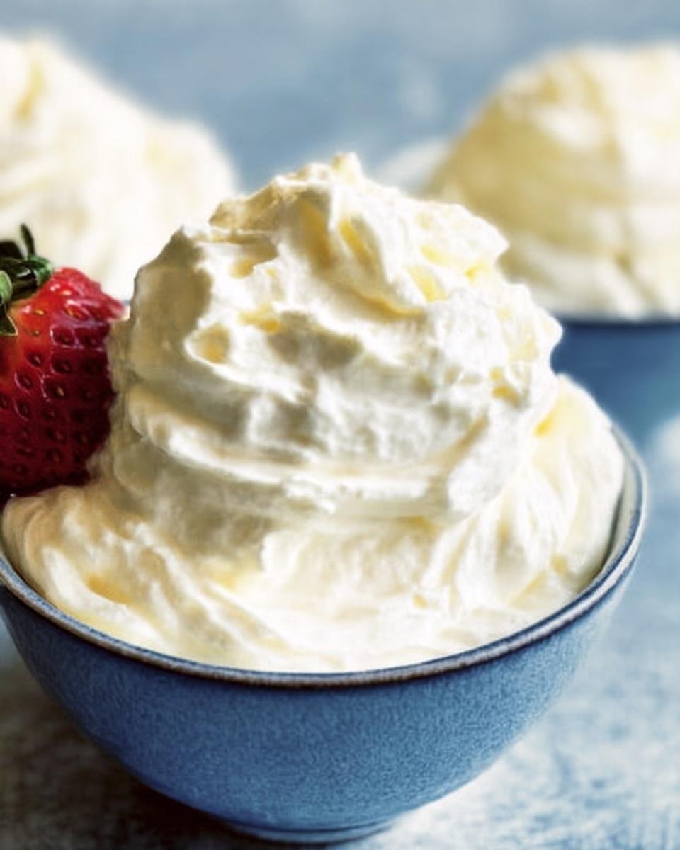 A bowl of keto cheesecake fluff with a fresh strawberry garnish on a blue background.