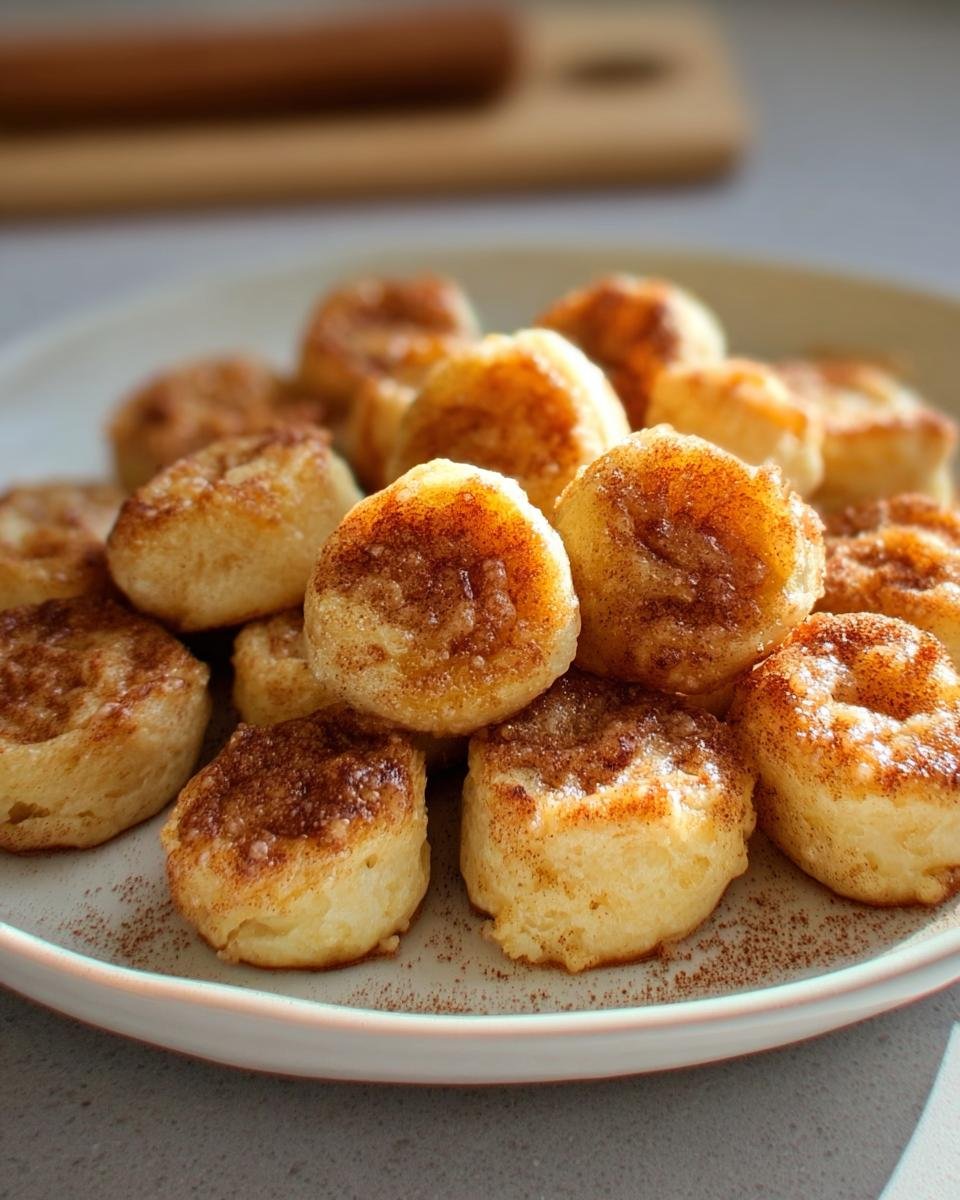 A plate of freshly baked Keto Cinnamon Cheese Bites, sprinkled with cinnamon.