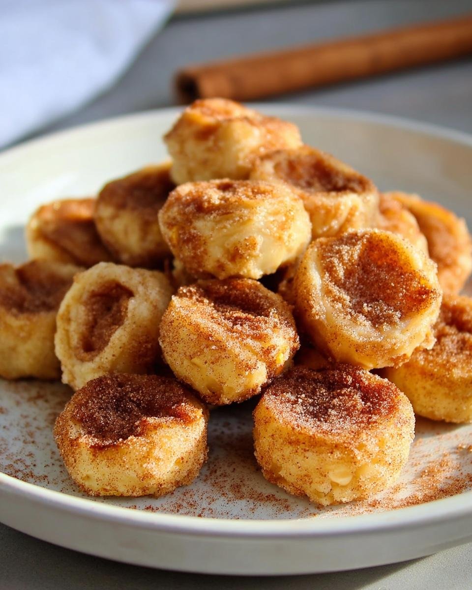 A stack of delicious Keto Cinnamon Cheese Bites on a plate, sprinkled with cinnamon.