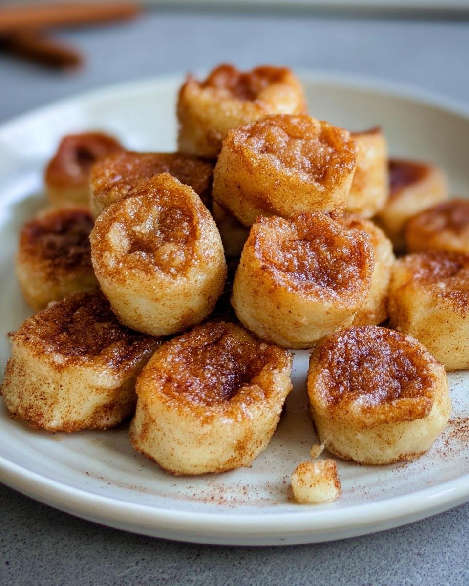 A stack of freshly baked Keto Cinnamon Cheese Bites on a white plate, sprinkled with cinnamon.